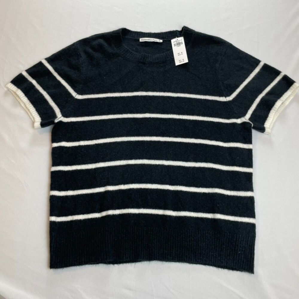 Abercrombie and Fitch NWT Striped Short Sleeve Crew Sweater Navy Blue XL